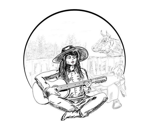 Kız Arkadan Gitar Çalıyor Ineği Dinliyor — Stok Vektör