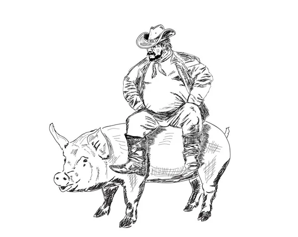 Tłusty Rolnik Siedzący Świni — Wektor stockowy