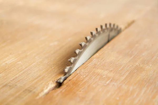 Metal circular saw blade in carpenter\'s shop