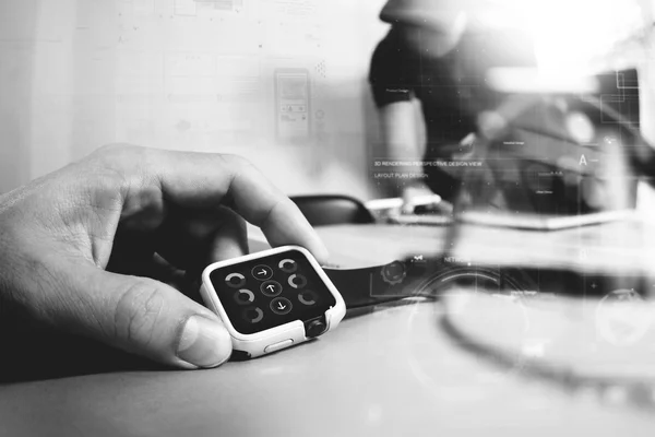 Reunión de presentación de negocios en la mesa de oficina con reloj inteligente a — Foto de Stock