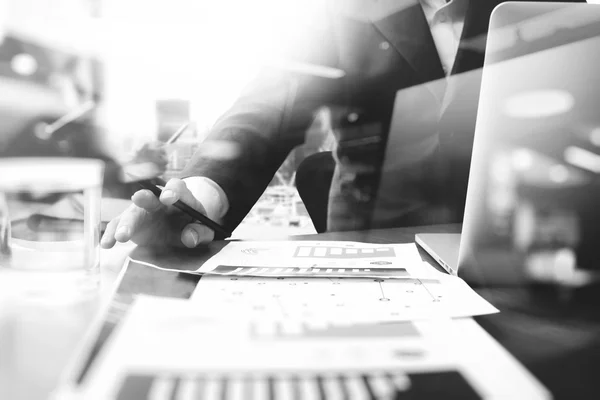 Business documents on office table with smart phone and blank sc — Stock Photo, Image