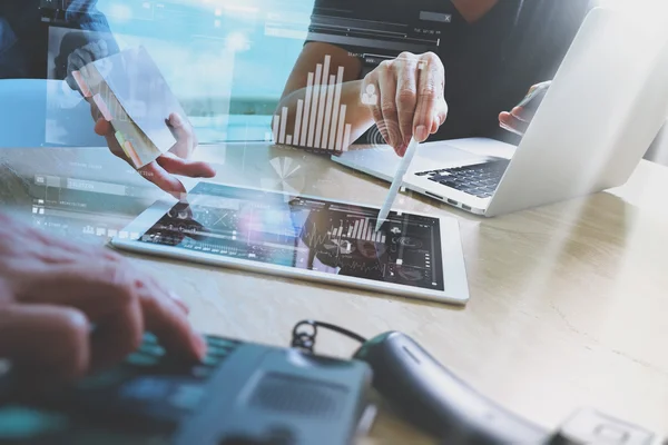 Two colleague web designer discussing data and digital tablet an — Stock Photo, Image