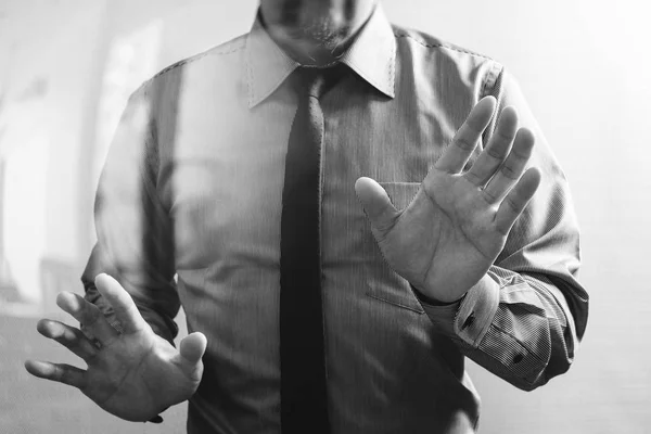 Success businessman open his hand,front view,filter effec — Stock Photo, Image