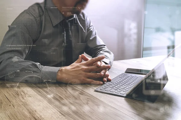 Hombre de negocios que trabaja con la nueva puesta en marcha project.using teléfono inteligente — Foto de Stock