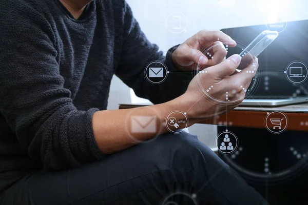 Businessman hand using mobile payments online shopping,omni chan — Stock Photo, Image