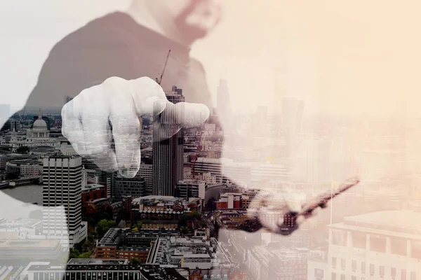 Double exposure of Businessman hand pressing an imaginary button — Stock Photo, Image