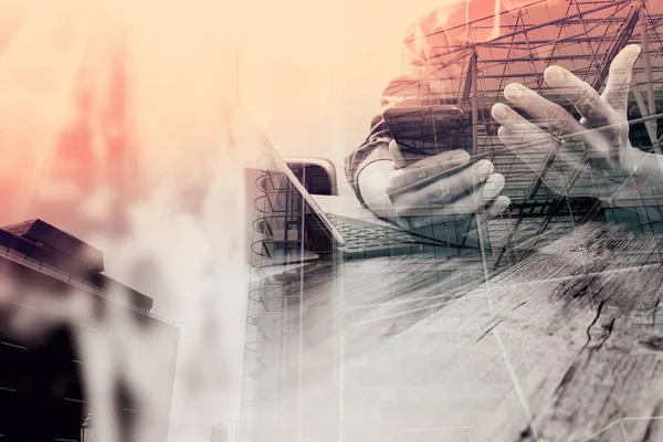 Double exposure of businessman hand using smart phone,mobile pay — Stock Photo, Image