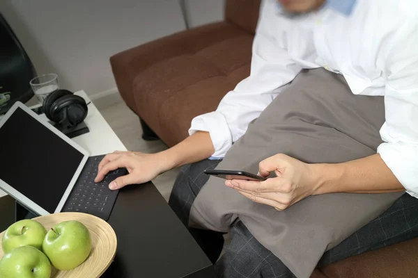 Hipster hand using digital tablet docking keyboard and mobile pa — Stock Photo, Image