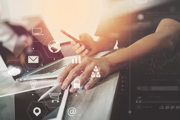 Businessman working with laptop computer and digital tablet and — Stock Photo, Image