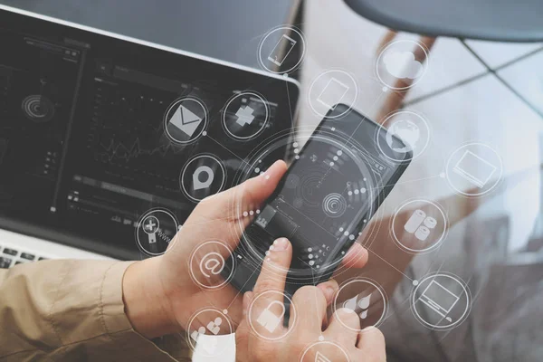 Hand using smart phone and digital tablet computer for online ba — Stock Photo, Image