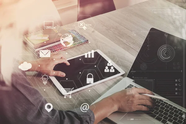 Businessman working with laptop computer and digital tablet and — Stock Photo, Image