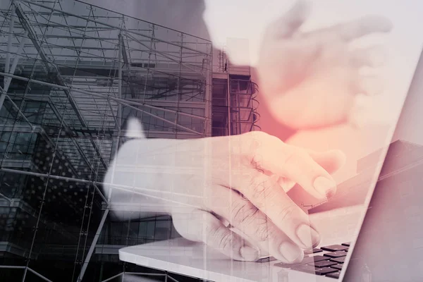 Close up of businessman hand working with laptop computer in mod — Stock Photo, Image