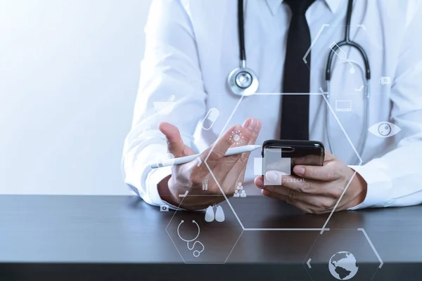 Close up of smart medical doctor working with smart phone and st — Stock Photo, Image