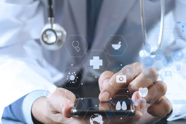 Close up of smart medical doctor working with smart phone and st — Stock Photo, Image