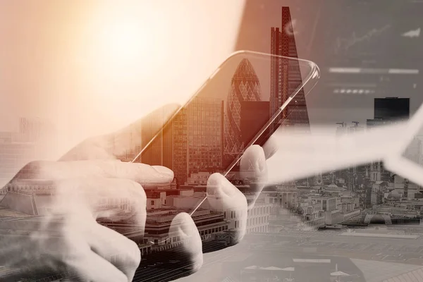 Close up of businessman hand working with mobile phone and lapto — Stock Photo, Image