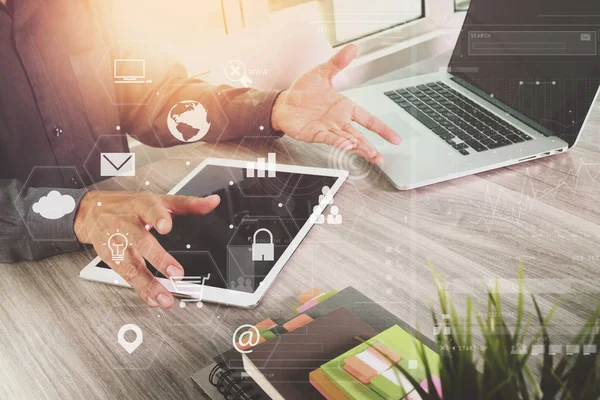 Businessman working with laptop computer and digital tablet and — Stock Photo, Image