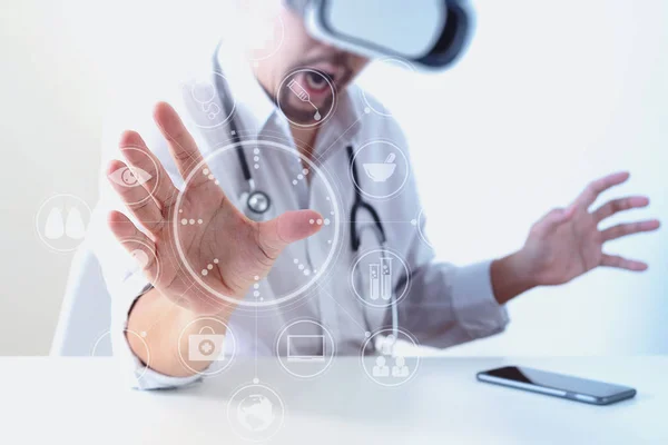 smart doctor wearing virtual reality goggles in modern office wi