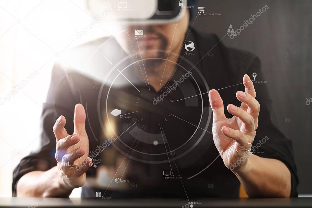 businessman wearing virtual reality goggles in modern office wit