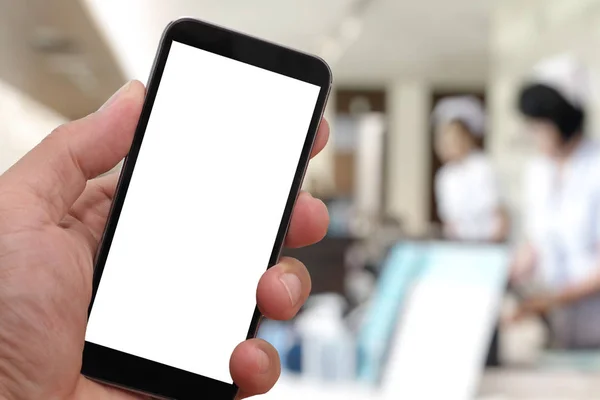 Close up of smart medical doctor hand working with mobile phone — Stock Photo, Image