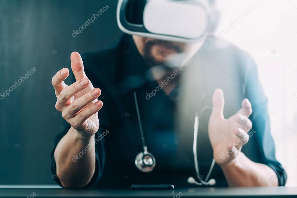 smart doctor wearing virtual reality goggles in modern office wi