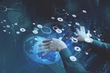 Siber güvenlik kavramı Internet ve ağ. İşadamı el 