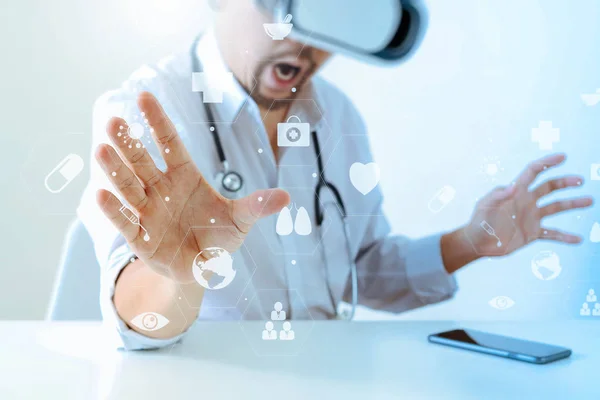 smart doctor wearing virtual reality goggles in modern office wi