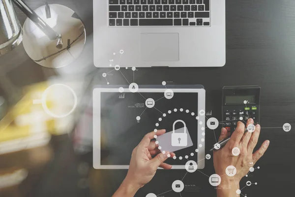 Cyber security concept.Top view of hands working with calculator — Stock Photo, Image