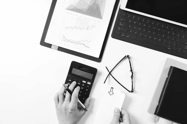 Top view of businessman hand working with finances about cost an — Stock Photo, Image