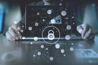 Siber güvenlik kavramı Internet ve ağ. İşadamı el 