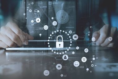 Siber güvenlik kavramı Internet ve ağ. İşadamı el 