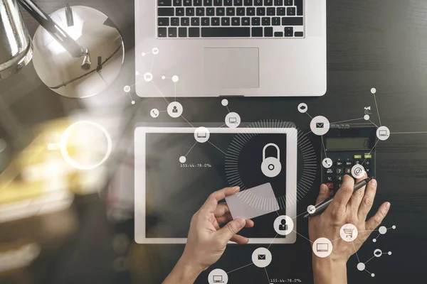 Cyber security concept.Top view of hands working with calculator — Stock Photo, Image