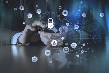 Siber güvenlik kavramı Internet ve ağ. İşadamı el 