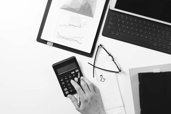 Top view of businessman hand working with finances about cost an — Stock Photo, Image