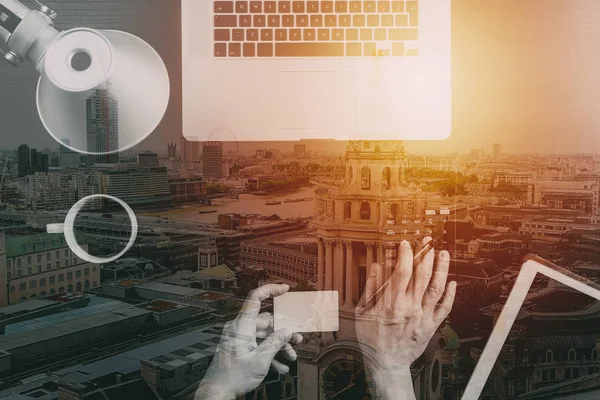 Internet shopping concept.Top view of hands working with calcula — Stock Photo, Image