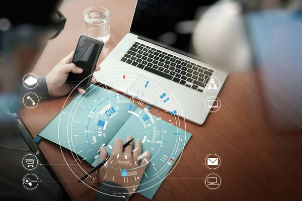 Close up of businessman working with smart phone and digital tab — Stock Photo, Image