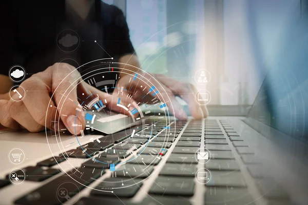 Close up of Hand using credit card and laptop computer on wooden — Stock Photo, Image