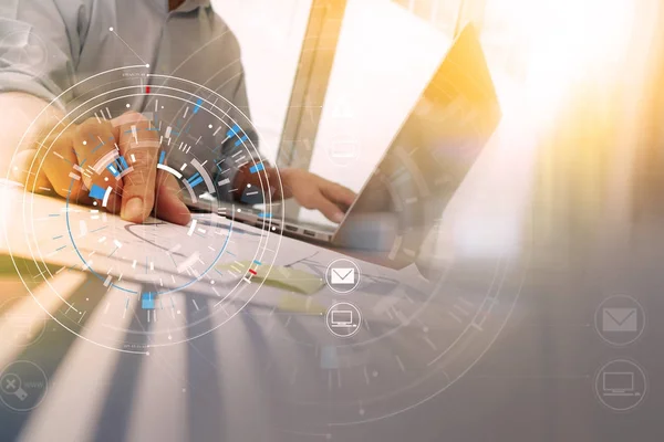 Hands of businessman using mobile phone in modern office with la — Stock Photo, Image