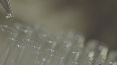 bir pipet ile çalışan laboratuvar bilim adamı analiz eder ve Dna veya test tüpleri molekülleri ayıklamak.
