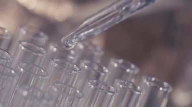 bir pipet ile çalışan laboratuvar bilim adamı analiz eder ve Dna veya test tüpleri molekülleri ayıklamak.