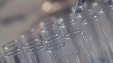 bir pipet ile çalışan laboratuvar bilim adamı analiz eder ve Dna veya test tüpleri molekülleri ayıklamak.