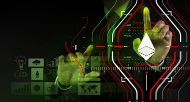 İşadamı yeni modern bilgisayar ve Ethereum Kripto ile çalışma