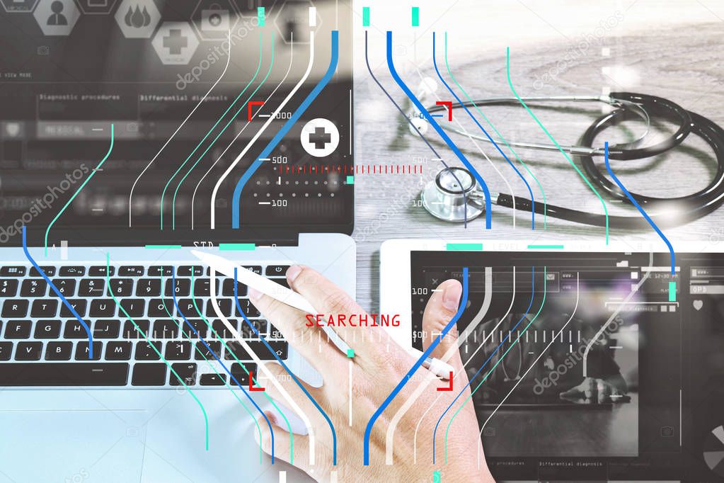 Medical network technology concept. Doctor hand working with ste