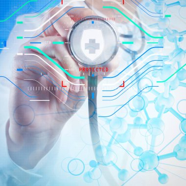 Bilim adamı doktor el çift pozlama tutan sanal moleküler
