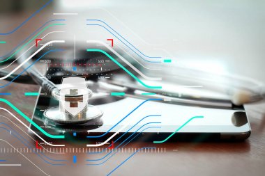 Studio makrosu bir stetoskop ve dijital tablet ile sığ