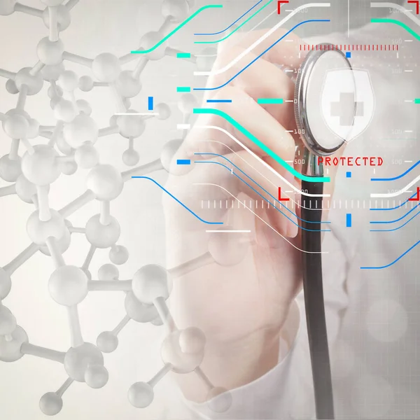 Dubbel exponering av vetenskapsman läkare hand håller virtuella molekylär — Stockfoto