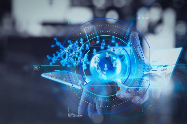 İşadamı çift pozlama modern teknoloji concep gösterir.