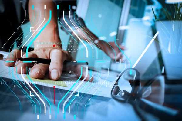 Hombre de negocios mano trabajando con la nueva computadora moderna y negocios s —  Fotos de Stock