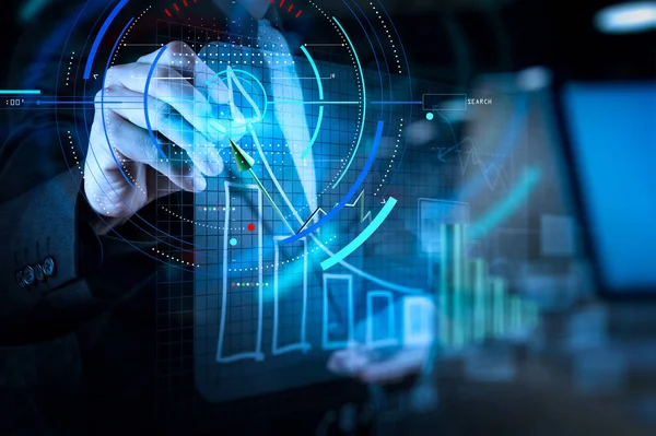 Dubbel exponering av affärsmannen hand ritning virtuella diagram affä — Stockfoto