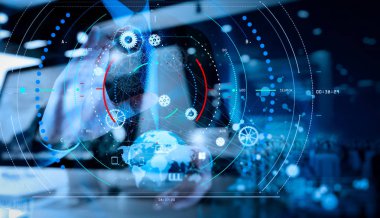 İşadamı el ile yeni modern comp çalışma çift pozlama