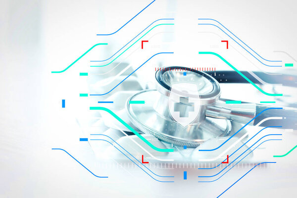 Студийный макрос стетоскопа и таблетки с мелким DOF равномерно
 